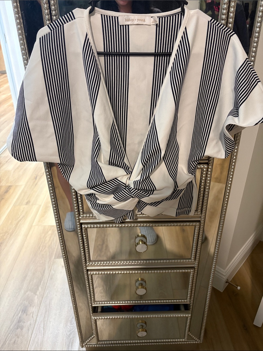 Anthropologie Black and White Striped Knot-Front Blouse